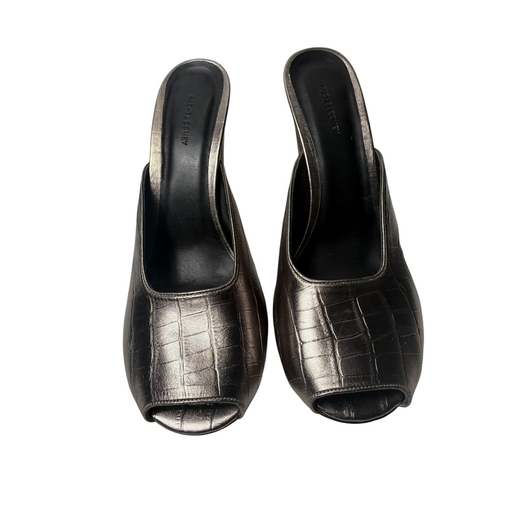 Rachel Comey Vintage Style Croc Embossed Metallic Pewter Peep Toe Mules Size 11